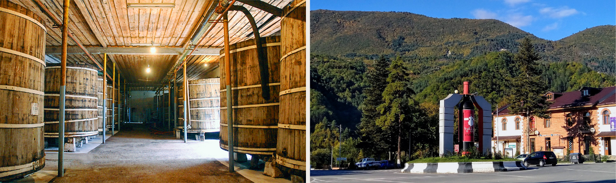 Traditional wooden fermentation tanks at Royal Khvanchkara cellar (left) and the Khvanchkara Wine Monument in Ambrolauri, Georgia (right), symbolising the region’s winemaking heritage.