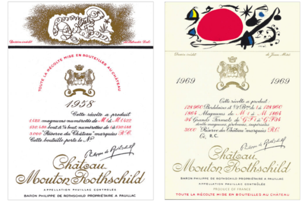 Salvador Dalí’s playful ram for the 1958 vintage. Joan Miró’s 1969 design, dominated by a vivid red grape.