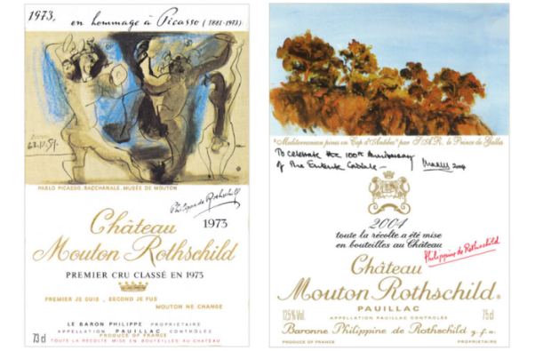 The 1973 label paid homage to Pablo Picasso in the year of his death — and marked Mouton’s elevation to First Growth. The 2004 label featured a watercolour by HRH The Prince of Wales to mark the centenary of the Entente Cordiale.